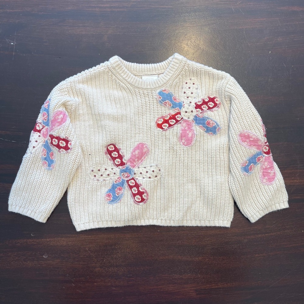 Zara Kids Girls Cream Chunky Knit Patchwork Flower Sweater 18 Months